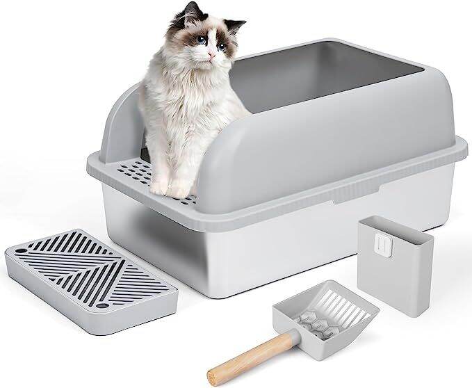 Enclosed Sides Stainless Steel XL Cat Litter Box with Footboard & Scoop ...