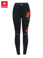 2102 Youaxon Black Embroidery Ripped Knees Jeans New Women`s High Waist Stretchy Denim Pants Skinny Pencil Woman Jeans