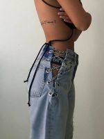 YICIYA Jeans Womens Fashion 2023 Jean Femme Chain Jeans High Waist Pants Sexy Elegant Jean Cross Chain Hollow Out Wide-Leg Jean