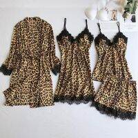 Leopard print y Women Pajamas Sets Satin Sleepwear Pijama Silk Home Wear Embroidery Sleep Lounge Pyjama Nightwear Lingerie #W