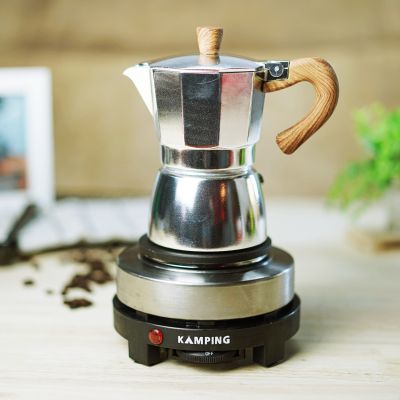 (สีเงิน) KAMPING ชุดกาต้มมอคค่าพอท Moka Pot ลายไม้ + เตาไฟฟ้า500w