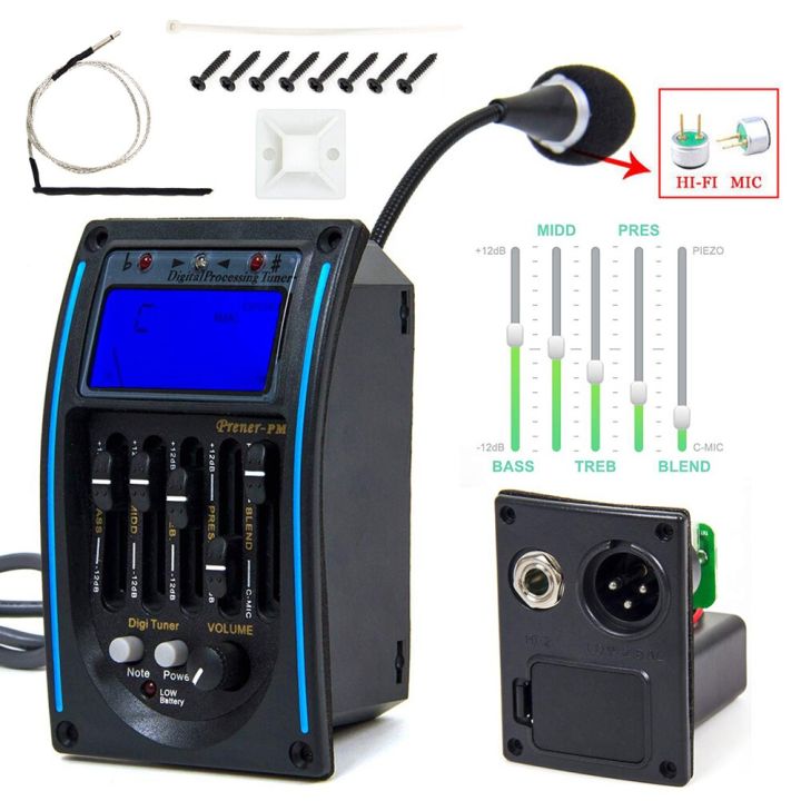 กีตาร์โปร่งอีควอไลเซอร์5แบนด์พร้อมสกรูยึดสายรถกระบะพีโซชิ้นส่วนไมโครโฟนกล่องแบตเตอรี่กีตาร์