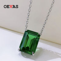 OEVAS 100 925 Sterling Silver 10*14mm Synthetic Emerald Sapphire Pendant Necklace For Women Sparkling Wedding Fine Jewelry Gift