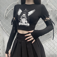 Gothic เสื้อยืดผู้หญิง Punk Graphic พิมพ์แขนยาว Patchwork TEE Tops streetwear เซ็กซี่สีดำสั้น shurt percentage