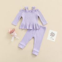 Baby Girls Clothes Set Solid Color Long Sleeves Bandage Strap Tops with Ruffles and  Stretch Casual Pants  by Hs2023