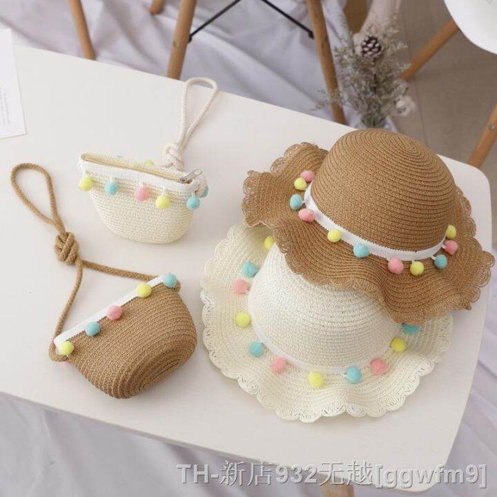 hot-dt-kids-large-wide-brim-woven-protection-beach-hat-colorful-pompom-floppy-cap-handbag