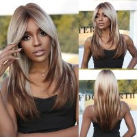 Long Straight Hair Blonde With Brown Wig With Bangs Cosplay Wig For Daily Party Use