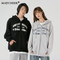 MAYCHEER เสื้อสเวตเชิ้ตมีซิปเสื้อคาร์ดิแกนมีฮู้ดตัวอักษรสไตล์มหาลัยอเมริกาแบบย้อนยุคผู้ชายเสื้อคู่