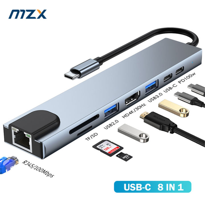 mzx-8-in-1-docking-station-4k-รองรับ-hdmi-hd-100m-rj45-sd-tf-card-reader-usb-c-usb-hub-3-0-type-c-3-0-concentrator-dock