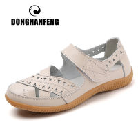 DONGNANFENG Female Women Mother Genuine Leather Hollow White Shoes Sandals Flats Loafers Summer Cool Beach Plus Size 41 42