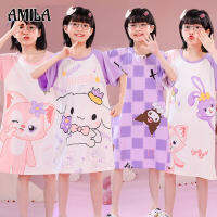 AMILA ชุดนอนเด็กลายการ์ตูนน่ารักแขนสั้น,เด็กโตและวัยกลางคนสวมใส่เสื้อผ้าที่มีเครื่องปรับอากาศฤดูร้อน