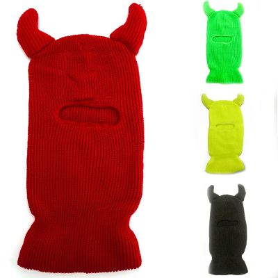 Fashion Single Hole Hat Halloween Ox Horn Knitted Full Face Cover Beanie Ski Cycling Mask Balaclava Windproof Warm Pullover Caps