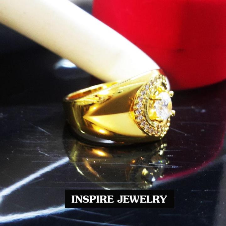 inspire-jewelry-แหวนประดับด้วยเพชรcz-เม็ดใหญ่หนึ่งเม็ดกลางฝังจิวเวลลี่แบบหนามเตย-และล้อมเพชรรอบอีกชั้น-งานสวย-แบบร้านเพชร-แบบร้านทอง-ตัวเรือนหุ้มทองแท้-24k-พร้อมกล่องกำมะหยี่