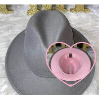 QBHAT Grey with Pink Bottom Patchwork Party Festival Fashion Dress Hat Faux Wool Felt Flat Brim Jazz Fedora Hats for Women Men