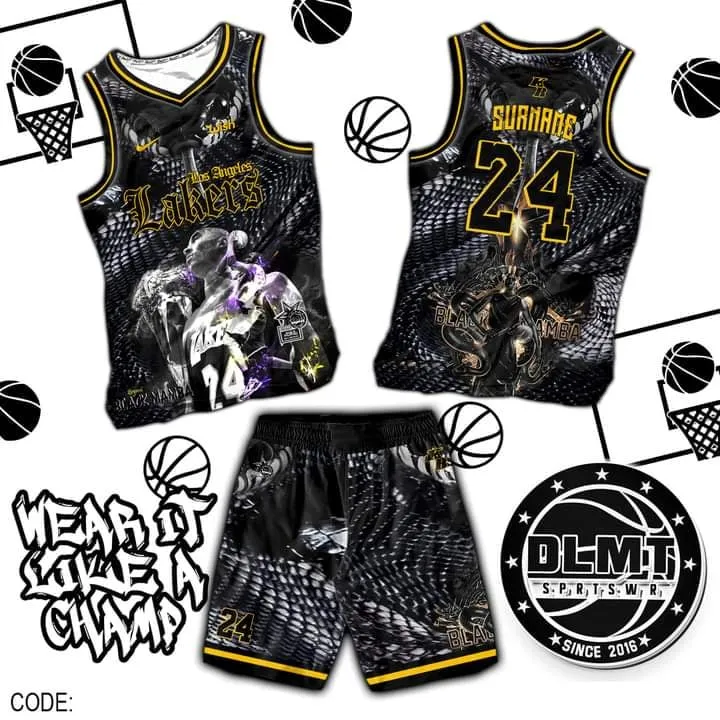 LOS ANGELES LAKERS TRIBUTE JERSEY TO KOBE BRYANT BLACK MAMBA CODE DLMT009  FULL SUBLIMATION JERSEY (FREE CHANGE TEAM NAME, SURNAME & NUMBER)