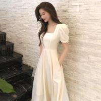 French Retro Hepburn Style Long Skirt Plain Slim-fitting Temperament Waist-Collecting Square Collar Bubble Sleeve Dress