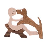 Sitting Man Friendship Dog Statue Wooden Sculpture Craft Figurine Home Decor Desktop Carving Gift Living Room Ornament Pet Lover