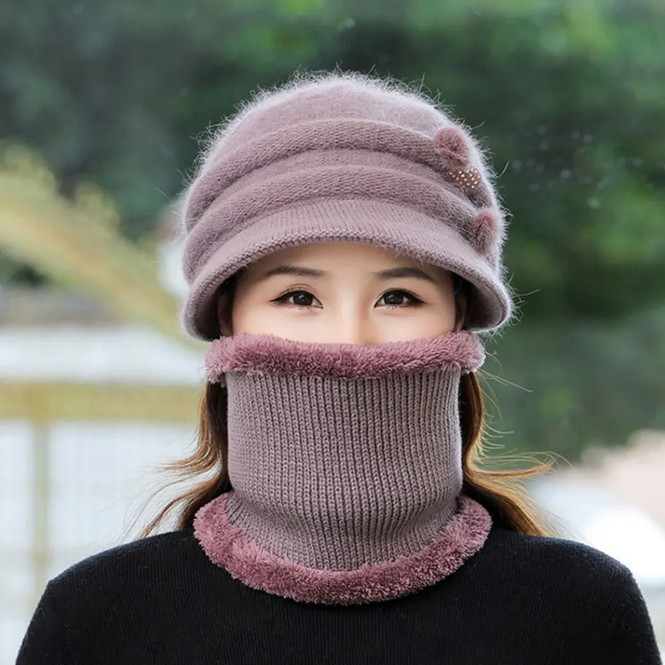 Autumn Winter Women Hat Scarf Sets Solid Color Wool Knitted Hat