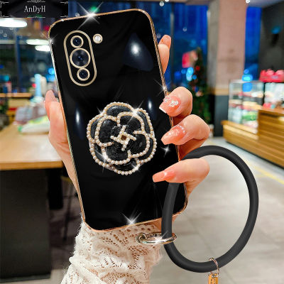 AnDyH For Huawei Nova 10 10 SE 10 Pro Case,Fashion Luxury Beautiful Girls Floral Stand + Hand Ring Simple Solid Color Plated Soft Phone Case