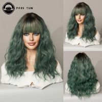 Green Wig with Bangs Mid Wavy Hair for Women Synthetic Wig Festival Party Cosplay Daily Use Female Fake Hair Heat Resistant Wig  Hair Extensions Pads