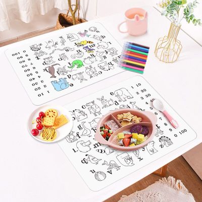 Reusable Graffiti Silicone Placemat Washable Drawing Mat Colouring Alphabet Number Dining Table Mats Baby Learning Silicone Pad