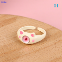 ?【Lowest price】SUTAI แหวนมอนสเตอร์สีเขียวน่ารักสำหรับผู้หญิงแฟชั่นน่ารักดวงตาแมวสองสีหวานเปิดแหวนคู่แต่งงาน