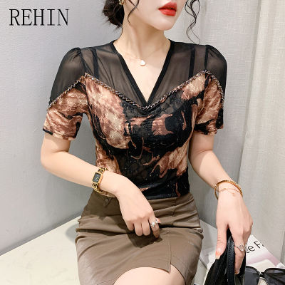 REHIN เสื้อผู้หญิงคอวี,เสื้อ S-3XL คอวีตาข่ายแบบประกบเข้าใส่ได้กับแฟชั่นแต่งกระดุมเทรนด์ใหม่ฤดูร้อน