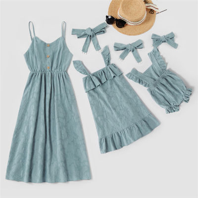 Mom&amp;Baby Summer Family Clothing Matching Outfits Sleeveless Sling Solid Dress Mather&amp; Daughter Romper Beach Holiday Family Look