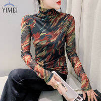 YIMEI เสื้อตาข่ายพิมพ์ลายด้านล่างตรงโน้น,เสื้อยืดแขนยาวคอสูงสำหรับฤดูใบไม้ร่วงและฤดูหนาวเข้ารูปพอดีและเสื้อวินเทจลดอายุโอเวอร์ไซส์