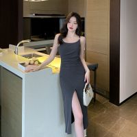 Asymmetric side fold open fork temperament sexy dress long skirt with shoulder-straps of cultivate ones morality