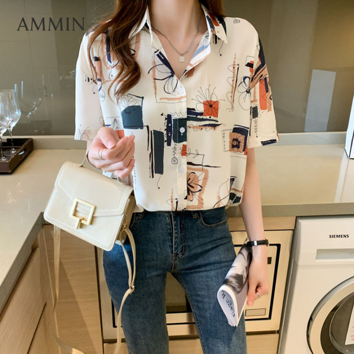 ammin-เกาหลีใหม่ผู้หญิง-lapel-แขนสั้นชีฟองเสื้อพิมพ์ลายแฟชั่นหลวมพิมพ์เสื้อ