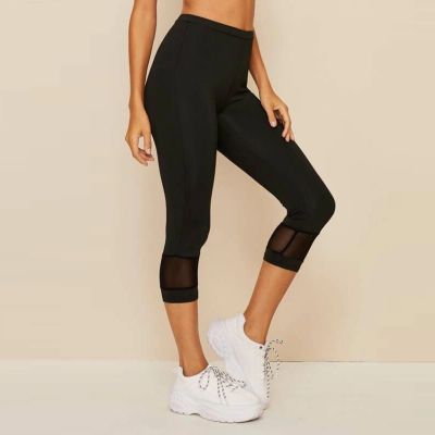 【CC】 3/4 Mesh Sport Leggings Waist Tights Pants Wear Gym Push Up  T1P