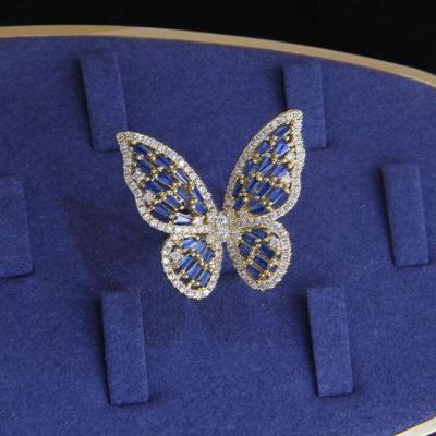 【lz】  Luxo Blue Crystal Butterfly Stud Earrings Charm Pendant Fashion Brand Jewelry Set Anéis ajustáveis elegantes AcessóriosTH