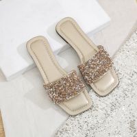 Plus Size INS Bling Rhinestone Women Slippers Sandals Shoes 2023 Flat Sole Slides Beach Zapatos De Mujer Indoor PU Flip Flops