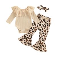 Infant Newborn Baby Girls 3 Pieces Outfit, Lace Ruffles Knitted Ribbed Romper + Leopard/Floral Print Flare Pants + Headband Set  by Hs2023