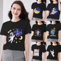 【YY】T-shirt Female Summer Fashion Casual Cartoon Astronaut Astronaut Print Pattern Series Top O-neck Slim Comfortable Commuter Shirt
