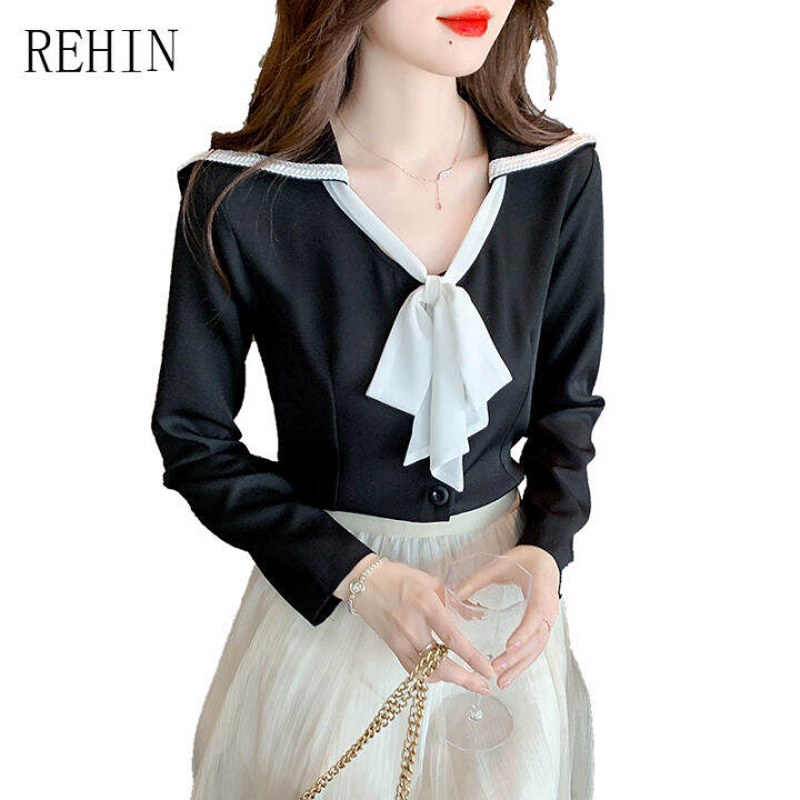 rehin-women-s-top-new-navy-collar-bow-tie-long-sleeve-shirt-elegant-skinny-v-neck-trend-blouse