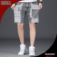 Suikone Celana Pendek Denim คาร์โก้สีเทาหลายกระเป๋า Celana Pendek Denim แผงบางคับพอดีตัวตรงของผู้ชาย