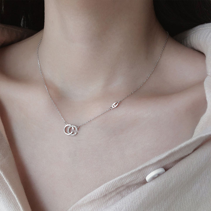 Letter Double C Clavicle Chain Cold Wind Female Korean Version Student Gift  Temperament Sen Series Diamond Embedding Small Fragrance Necklace Short  Style 7GVG