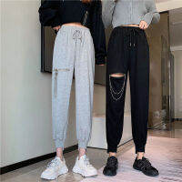 Zippers Chain Casual Pants Women Ankle-length Leisure Chic Solid Holes Harem Pant Bundle Baggy Hip-hop Korean Style Harajuku New