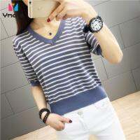 ☃◘﹉ Knitted Striped Blouse All-match V-neck Wide Color Matching T-shirt Short-sleeved Stitch