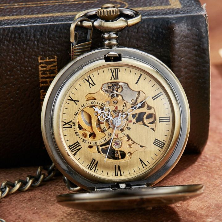 นาฬิกาพกกลไกรถจักรแบบย้อนยุคดีไซน์ด่วนแบบขั้วโลกโครงกระดูกกลวงสีบรอนซ์ของผู้ชายโซ่นาฬิกาพกกล