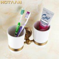 ☸☼▥ . Fashion toothbrush holderPure copper glassDouble cup Bathroom cup holder bathroom set-wholesale YT-12208