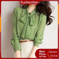 Ruidiandian เสื้อเชิ้ตสีเขียวลายจุดสำหรับผู้หญิง,ใหม่เสื้อคอปกแขนยาวคาร์ดิแกนกระดุมแถวเดียวทันสมัย S-3XL ฤดูใบไม้ผลิ