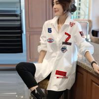 Fashion Lapel Button Spliced Letter Embroidery Shirt Womens Clothing 2022 Autumn New Oversized Casual Tops Loose Korean Blouse