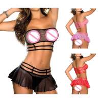 dancerwear clothes sex fishnet erotic hot Women for Dress set thong skirt Bra Top outfits mesh out Hollow Corset Lingerie Sexy