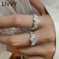 Silver Color Smooth Heart Shaped Geometric Chain Opening Ring women 39;s Fashion Square Crystal Ring Party High Quality Jewelry