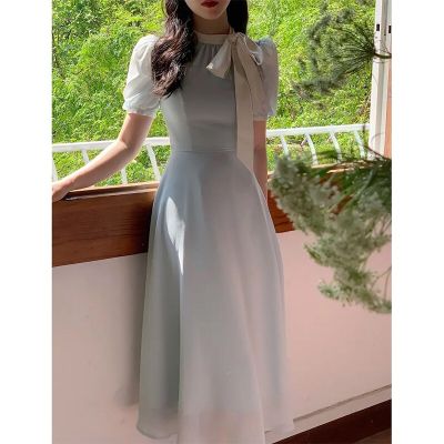 ‘；’ MEXZT Vintage Elegant Dress Women Fairy Bow Lace Up Puff Sleeves A Line Midi Dresses Summer Office Lady Korean Casual Vestidos