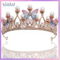 XIAHU หมวก แฮนด์เมด รัดเกล้า Rhinestone Tiaras สำหรับเด็กผู้หญิง ผีเสื้อ ที่คาดผมไข่มุก มงกุฏเจ้าหญิง