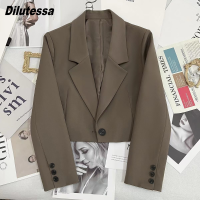 利Dilutessa Womens Cropped Blazer Korean Casual Style Long Sleeve Blazer Jacket with Should Pads